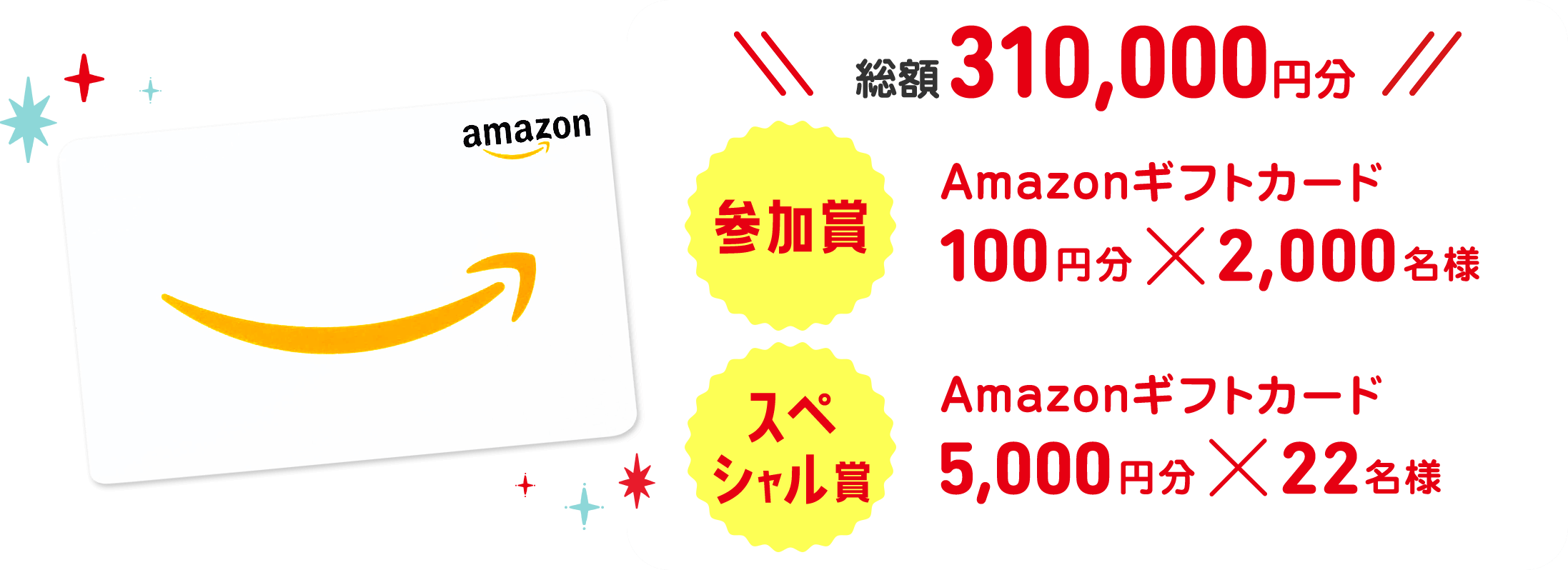 総額310,000円分 参加賞Amazonギフトカード100円分×2,000名様 スペシャル賞Amazonギフトカード5,000円分×22名様